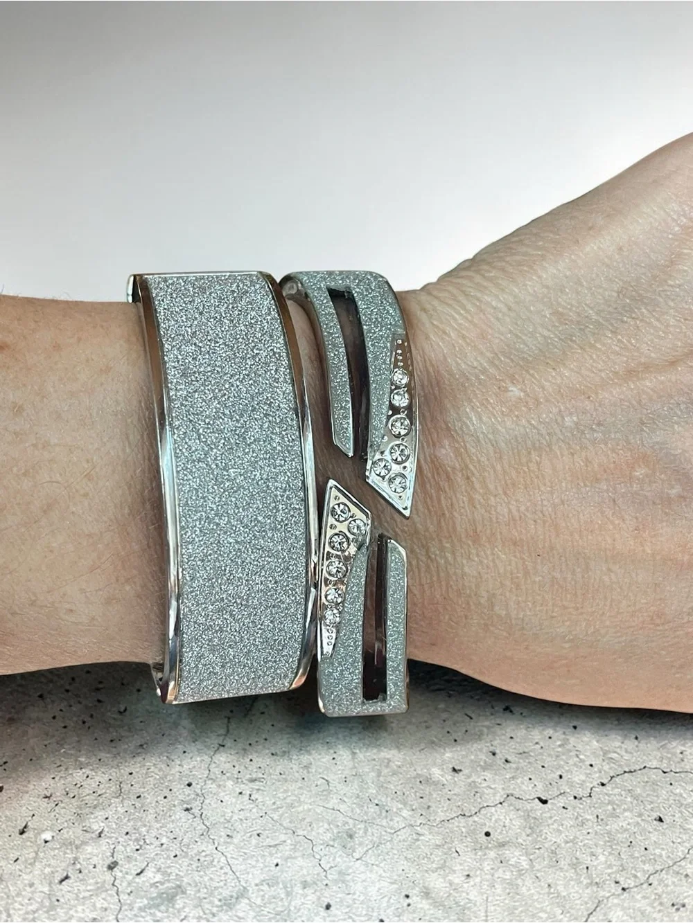 Silver Glitter Crystal Bangle Bracelet Curated Pair